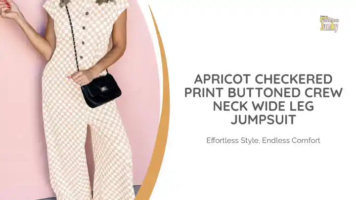 Apricot Checkered Print Buttoned Crew Neck Wide Leg Jumpsuit by@Outfy