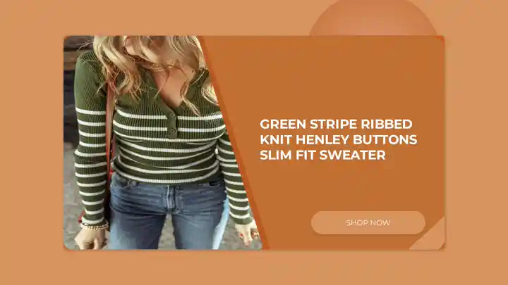 Green Stripe Ribbed Knit Henley Buttons Slim Fit Sweater by@Outfy