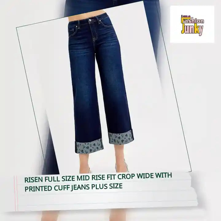 RISEN Full Size Mid Rise Fit Crop Wide With Printed Cuff Jeans Plus Size by@Outfy