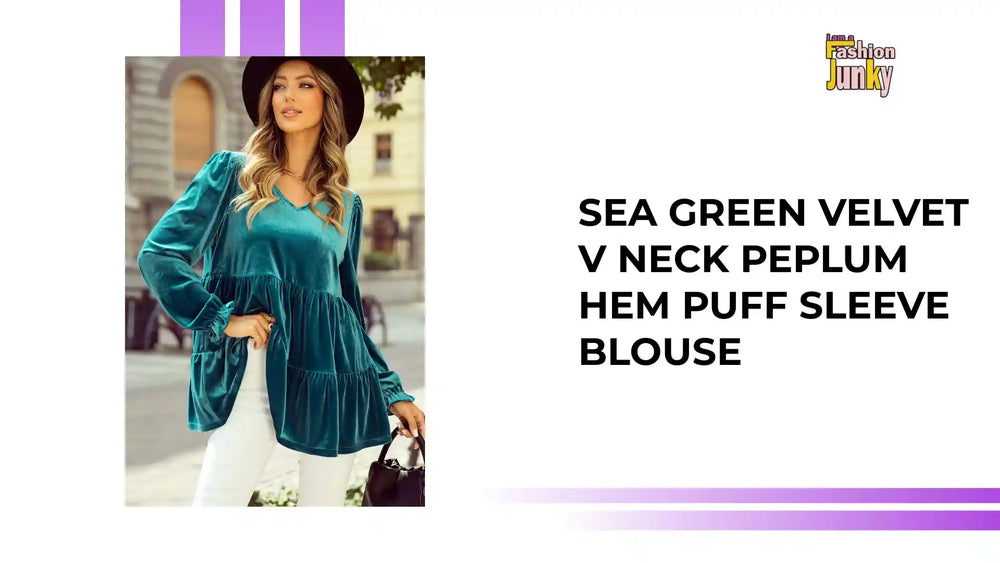 Sea Green Velvet V Neck Peplum Hem Puff Sleeve Blouse by@Outfy