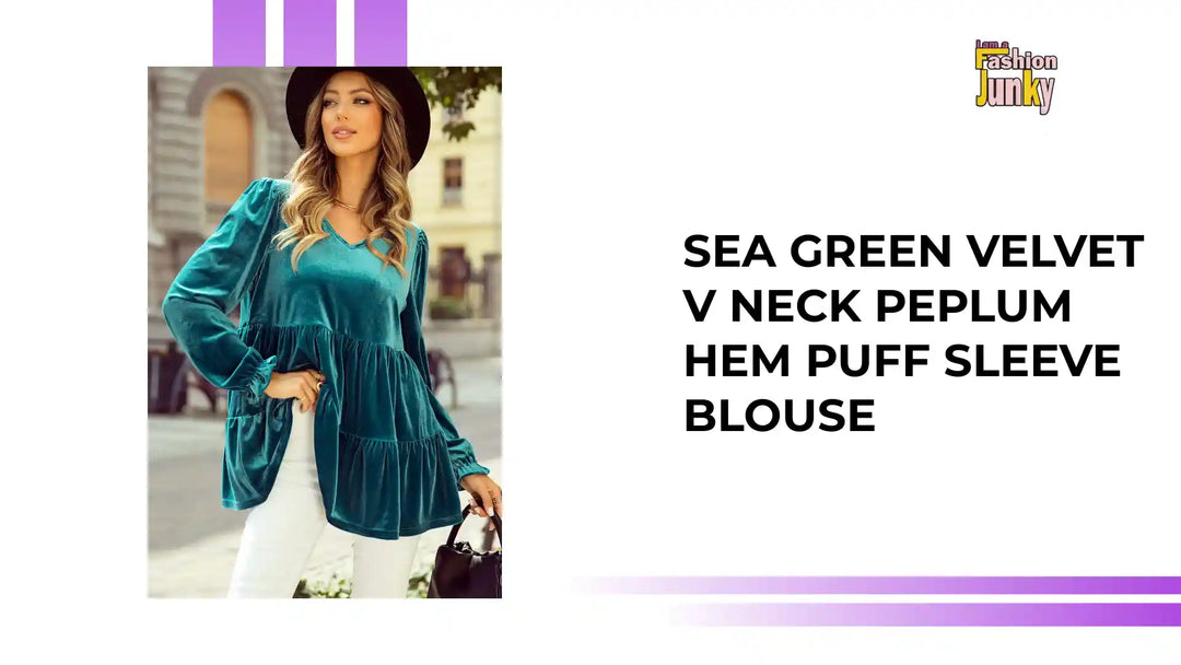 Sea Green Velvet V Neck Peplum Hem Puff Sleeve Blouse by@Outfy