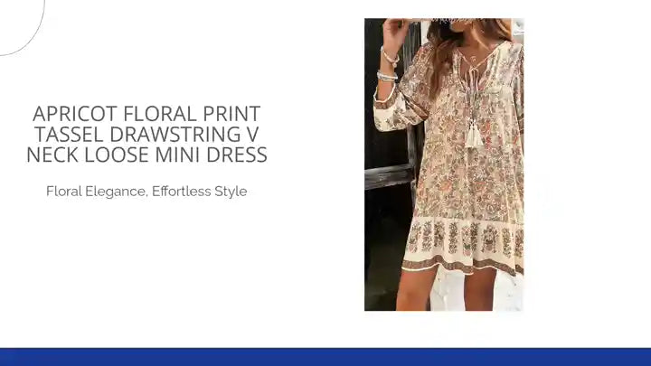 Apricot Floral Print Tassel Drawstring V Neck Loose Mini Dress by@Outfy