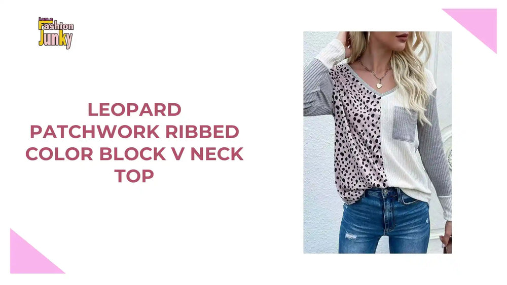 Leopard Patchwork Ribbed Color Block V Neck Top by@Outfy