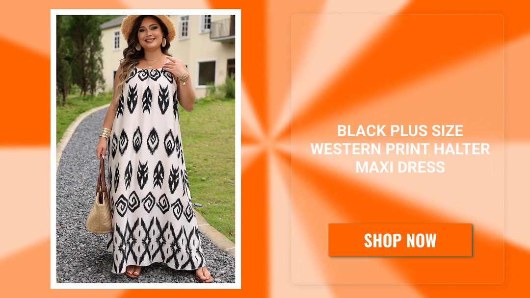 Black Plus Size Western Print Halter Maxi Dress by@Outfy