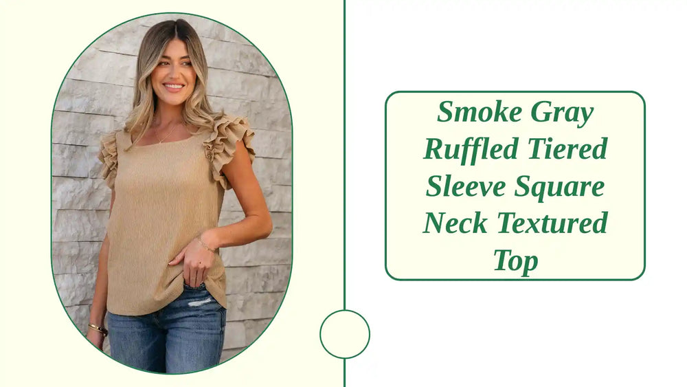 Smoke Gray Ruffled Tiered Sleeve Square Neck Textured Top by@Outfy