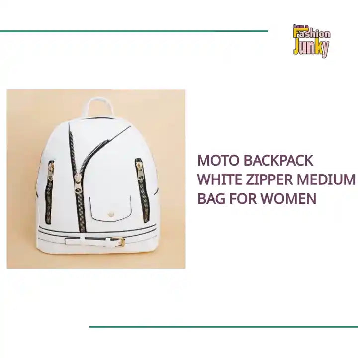 Moto Backpack White Zipper Medium Bag for Women by@Outfy