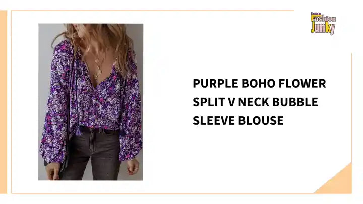 Purple Boho Flower Split V Neck Bubble Sleeve Blouse by@Outfy