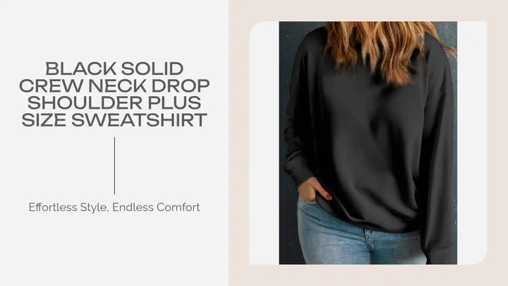 Black Solid Crew Neck Drop Shoulder Plus Size Sweatshirt by@Outfy
