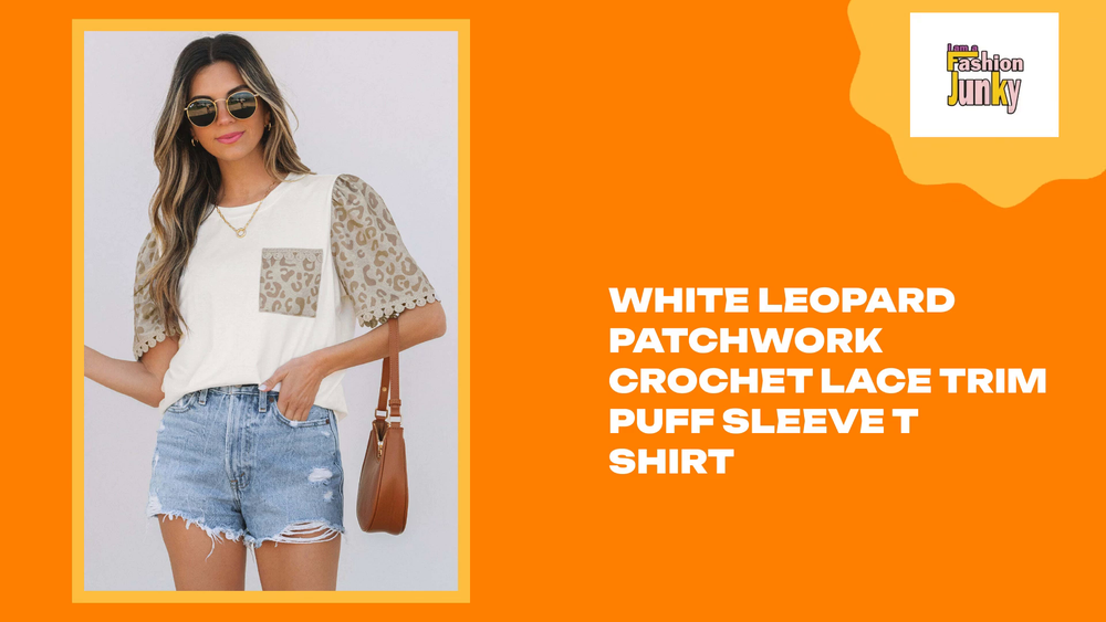White Leopard Patchwork Crochet Lace Trim Puff Sleeve T Shirt by@Outfy