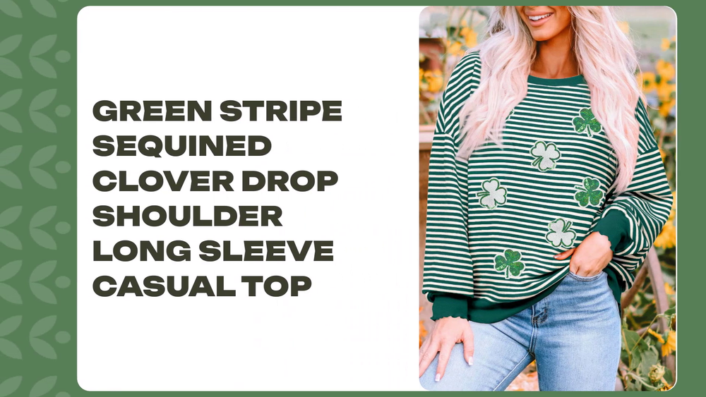 Green Stripe Sequined Clover Drop Shoulder Long Sleeve Casual Top by@Outfy