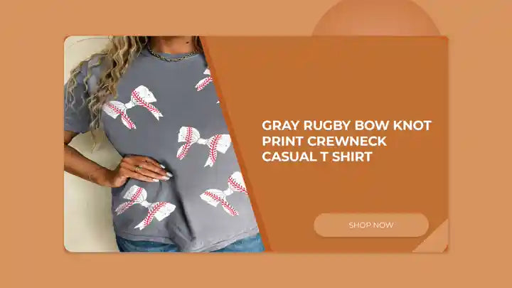 Gray Rugby Bow Knot Print Crewneck Casual T Shirt by@Outfy