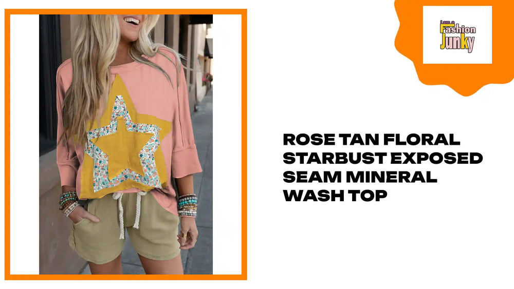 Rose Tan Floral Starbust Exposed Seam Mineral Wash Top by@Outfy