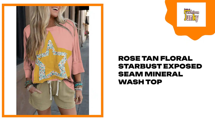 Rose Tan Floral Starbust Exposed Seam Mineral Wash Top by@Outfy