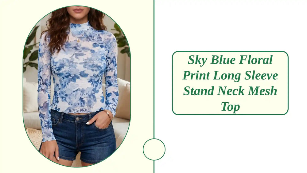 Sky Blue Floral Print Long Sleeve Stand Neck Mesh Top by@Outfy