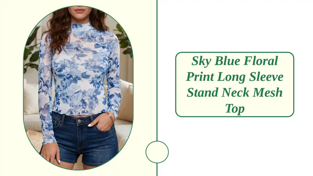 Sky Blue Floral Print Long Sleeve Stand Neck Mesh Top by@Outfy