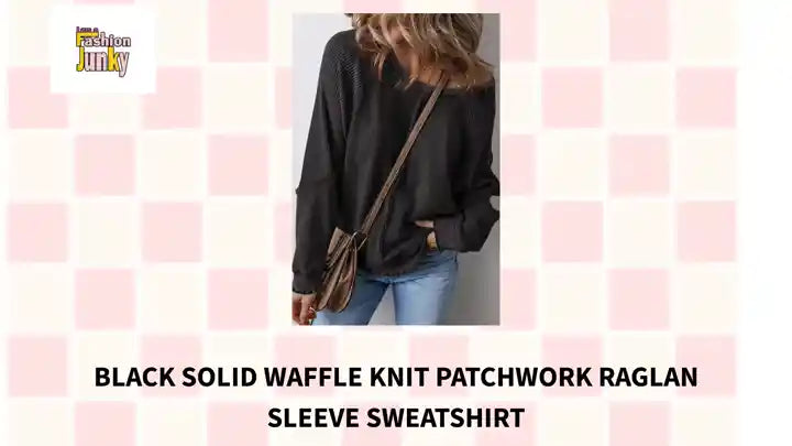Black Solid Waffle Knit Patchwork Raglan Sleeve Sweatshirt by@Outfy