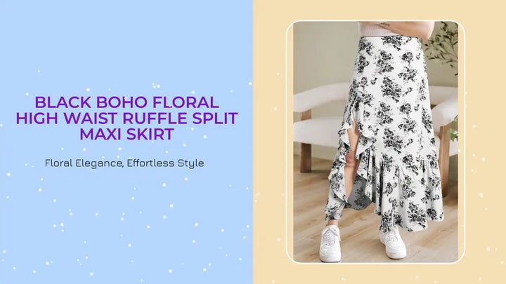 Black Boho Floral High Waist Ruffle Split Maxi Skirt by@Outfy