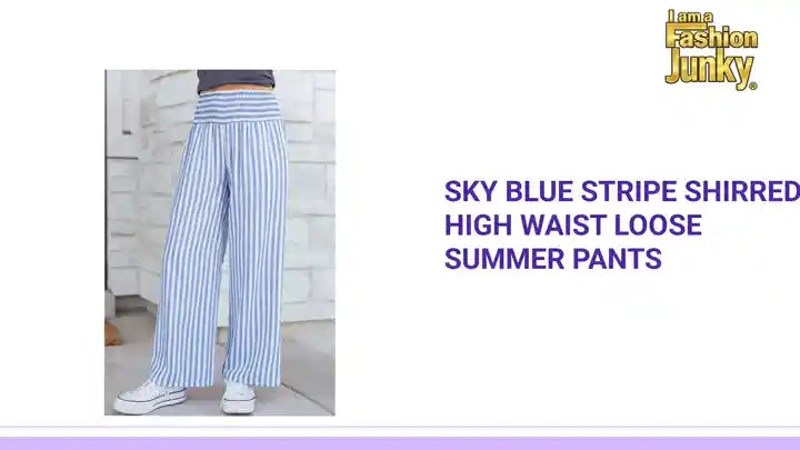 Sky Blue Stripe Shirred High Waist Loose Summer Pants by@Outfy