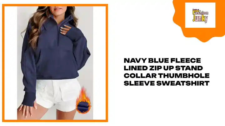 Navy Blue Fleece Lined Zip Up Stand Collar Thumbhole Sleeve Sweatshirt by@Outfy