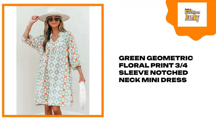 Green Geometric Floral Print 3/4 Sleeve Notched Neck Mini Dress by@Outfy