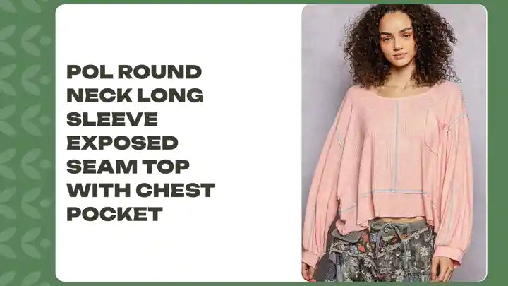 POL Round Neck Long Sleeve Exposed Seam Top with Chest Pocket by@Outfy