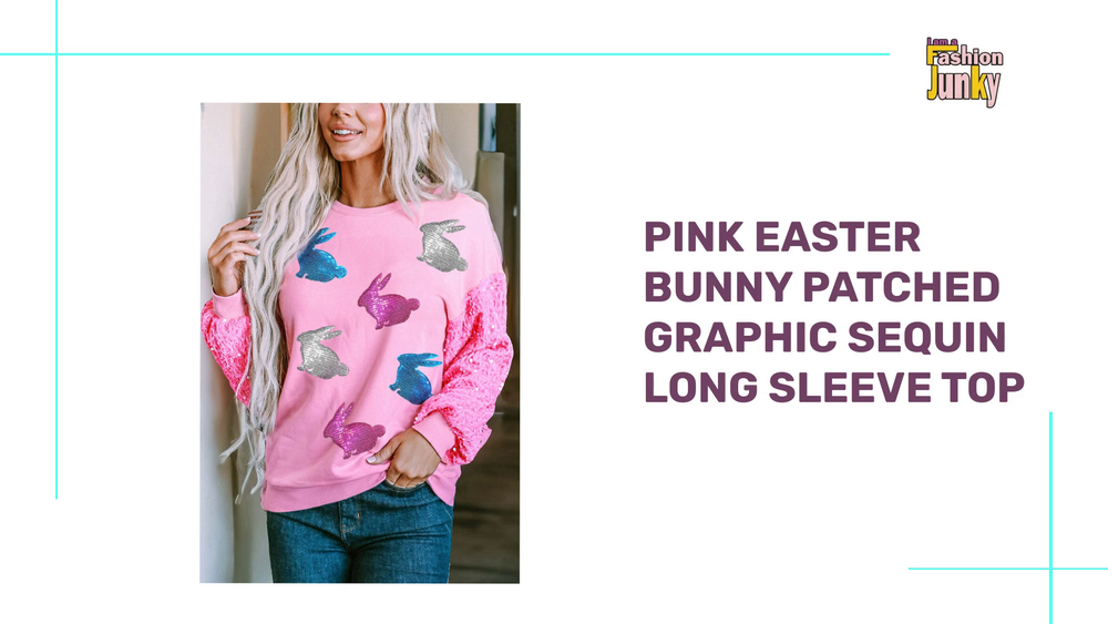 Pink Easter Bunny Patched Graphic Sequin Long Sleeve Top by@Outfy