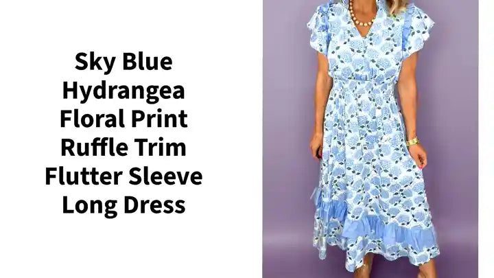 Sky Blue Hydrangea Floral Print Ruffle Trim Flutter Sleeve Long Dress by@Outfy