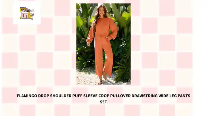 Flamingo Drop Shoulder Puff Sleeve Crop Pullover Drawstring Wide Leg Pants Set by@Outfy
