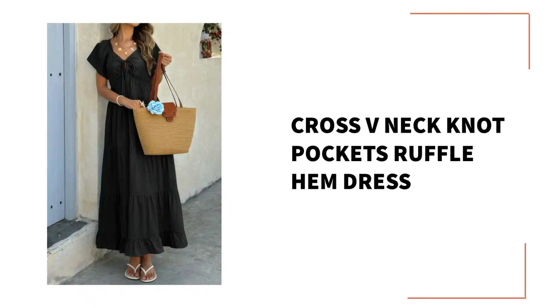 Cross V Neck Knot Pockets Ruffle Hem Dress by@Outfy