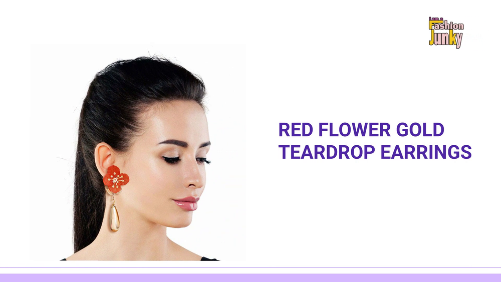 Red Flower Gold Teardrop Earrings by@Outfy