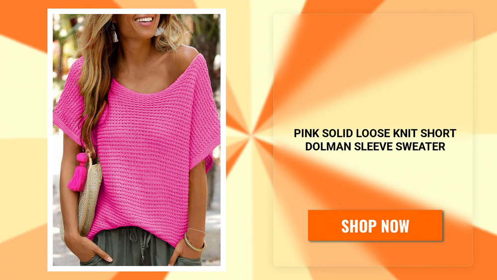 Pink Solid Loose Knit Short Dolman Sleeve Sweater by@Outfy