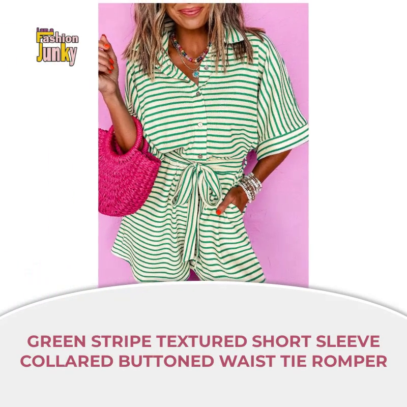 Green Stripe Textured Short Sleeve Collared Buttoned Waist Tie Romper by@Outfy