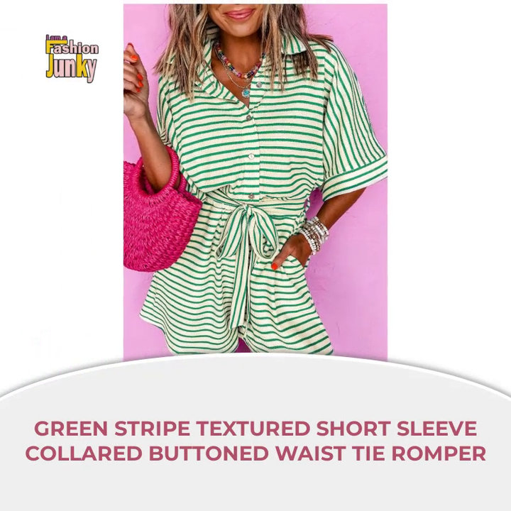 Green Stripe Textured Short Sleeve Collared Buttoned Waist Tie Romper by@Outfy