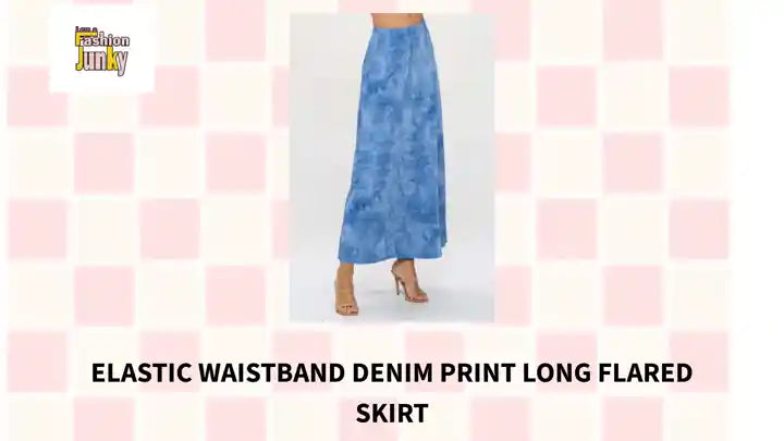 Elastic Waistband Denim Print Long Flared Skirt by@Outfy