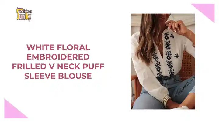 White Floral Embroidered Frilled V Neck Puff Sleeve Blouse by@Outfy