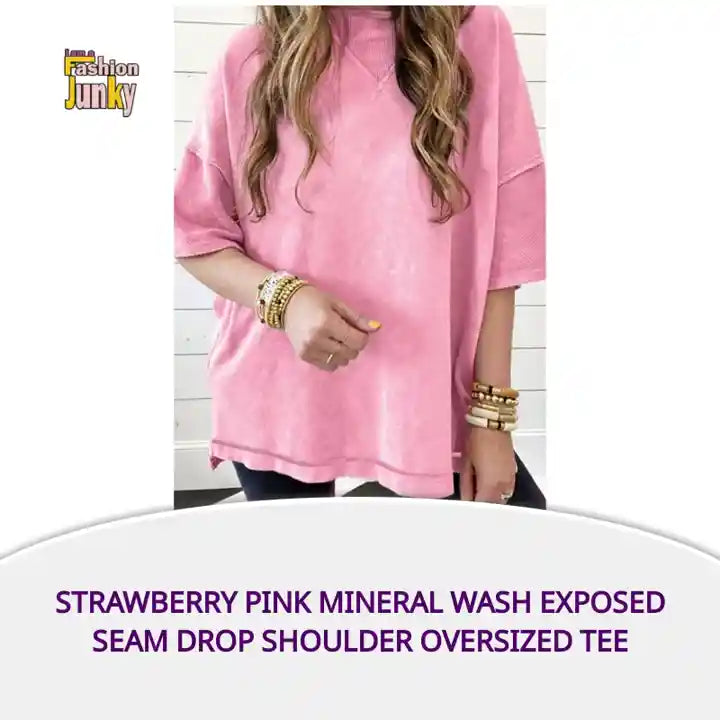 Strawberry Pink Mineral Wash Exposed Seam Drop Shoulder Oversized Tee by@Outfy