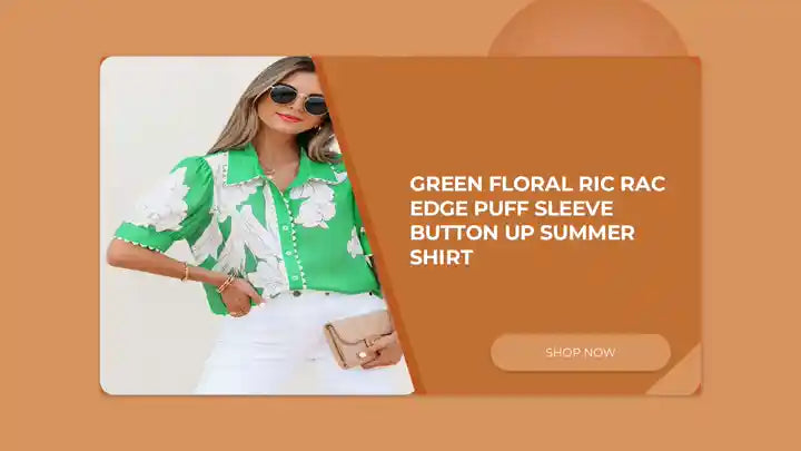 Green Floral Ric Rac Edge Puff Sleeve Button Up Summer Shirt by@Outfy