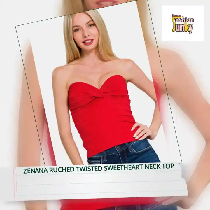 Zenana Ruched Twisted Sweetheart Neck Top by@Outfy