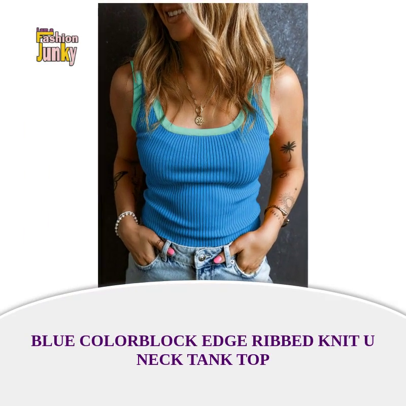 Blue Colorblock Edge Ribbed Knit U Neck Tank Top by@Outfy