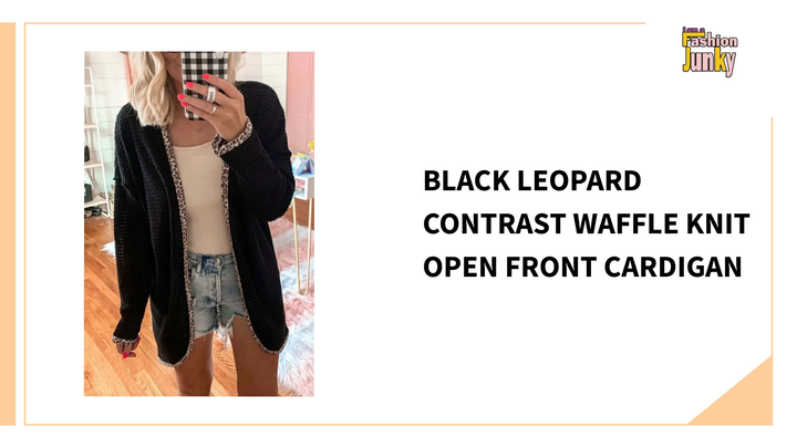 Black Leopard Contrast Waffle Knit Open Front Cardigan by@Outfy