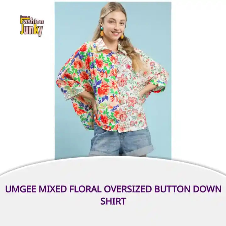 Umgee Mixed Floral Oversized Button Down Shirt by@Outfy