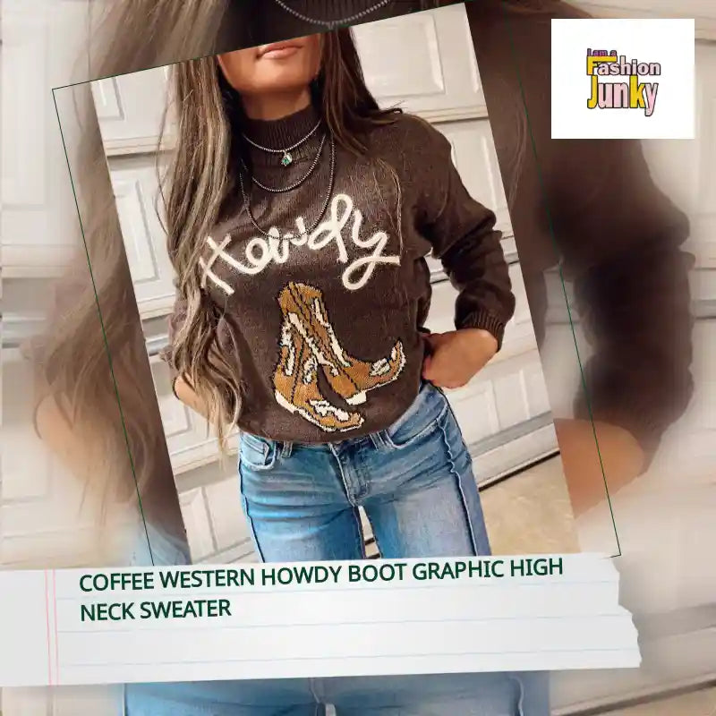 Coffee Western Howdy Boot Graphic High Neck Sweater by@Outfy