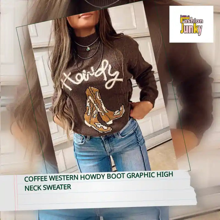 Coffee Western Howdy Boot Graphic High Neck Sweater by@Outfy