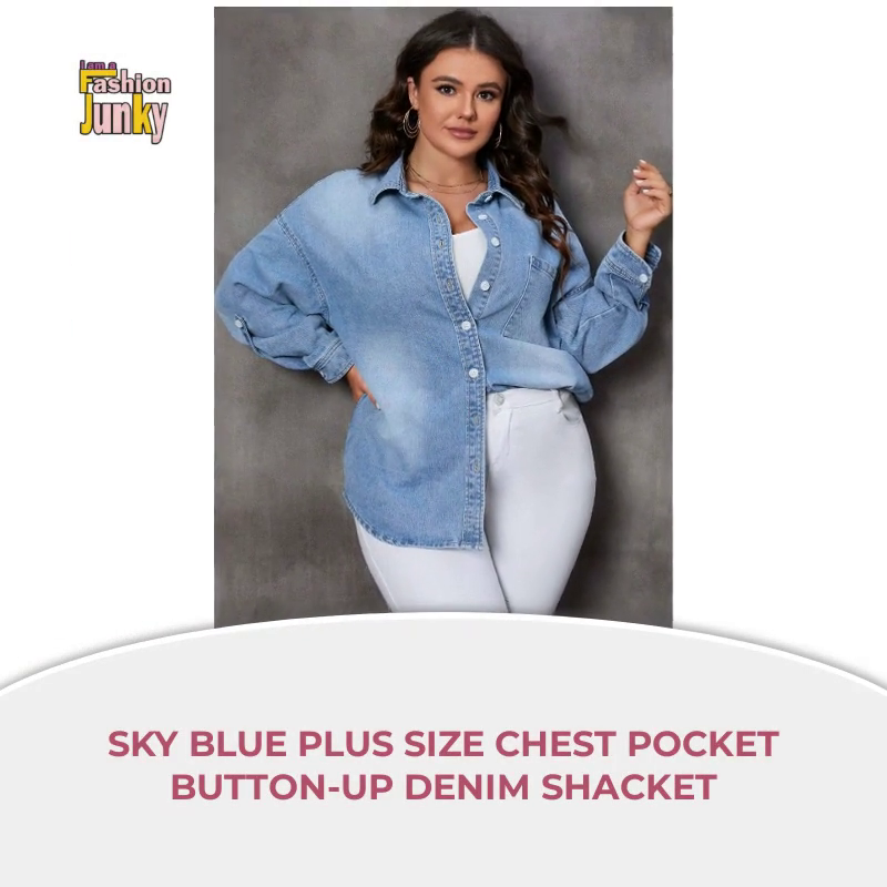 Sky Blue Plus Size Chest Pocket Button-Up Denim Shacket by@Outfy