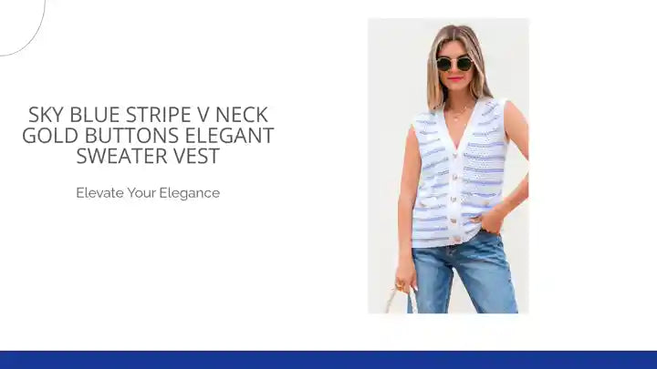 Sky Blue Stripe V Neck Gold Buttons Elegant Sweater Vest by@Outfy