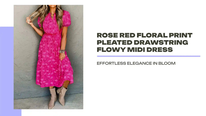 Rose Red Floral Print Pleated Drawstring Flowy Midi Dress by@Outfy