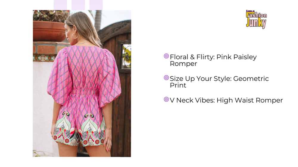 Pink Paisley Geometric Print V Neck High Waist Romper by@Outfy