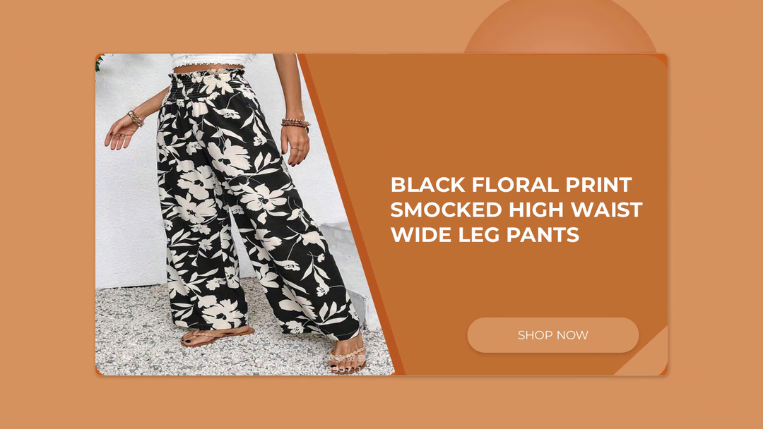 Black Floral Print Smocked High Waist Wide Leg Pants by@Outfy