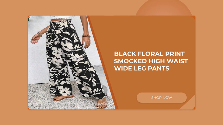 Black Floral Print Smocked High Waist Wide Leg Pants by@Outfy