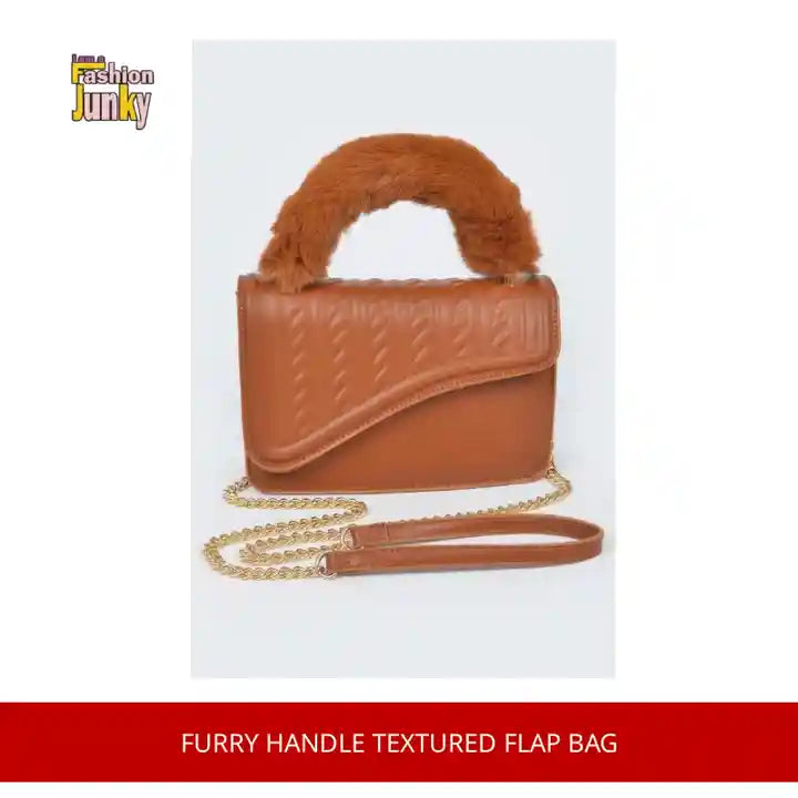 Furry Handle Textured Flap Bag by@Outfy